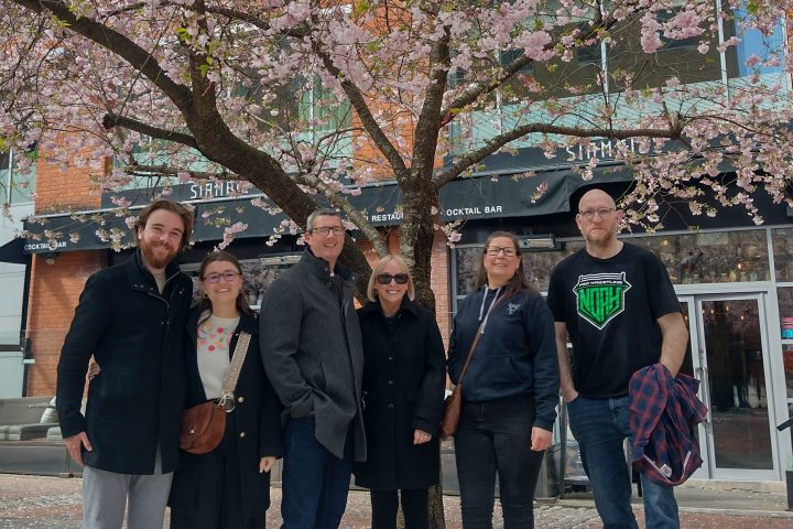 a group of people standing in front of a tree