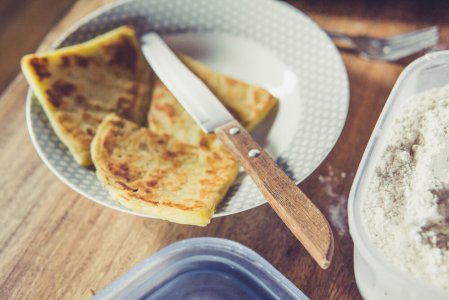 a plate of food with a fork and knife