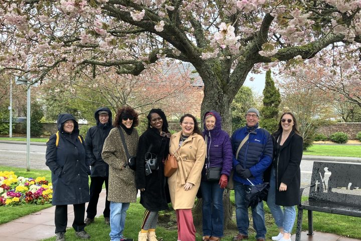 Group of people posing under a blooming cherry blossom tree in a park, with a bench nearby.